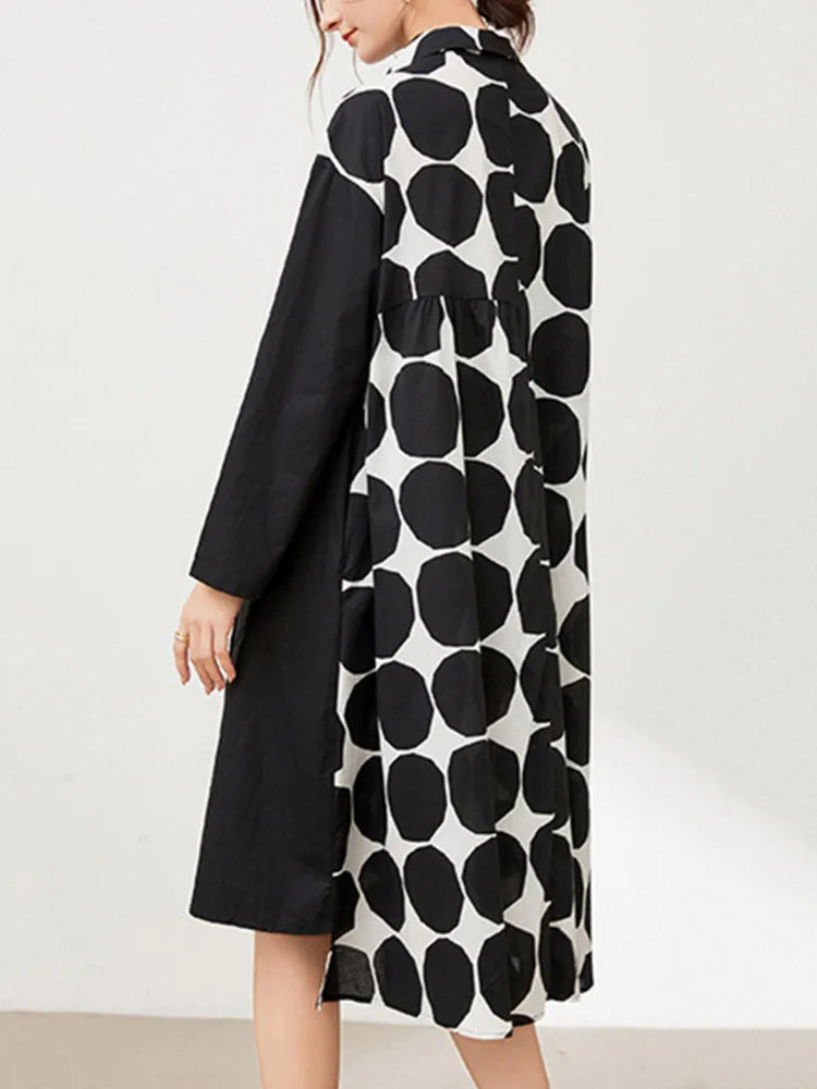 Women Black Dot Printed Big Size Knee-length Shirt Dress New Lapel Long Sleeve Fashion Tide Spring Autumn 2025 1DJ1505