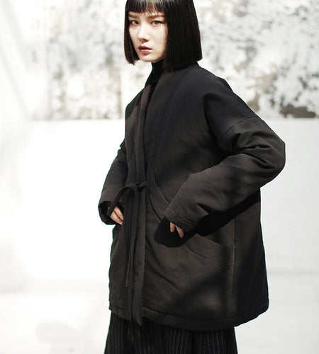 Women Bandage Cotton-padded Coat Big Size Warm New Autumn Winter V-collar Long Sleeve Black Loose Brief Fashion 2025 JK133
