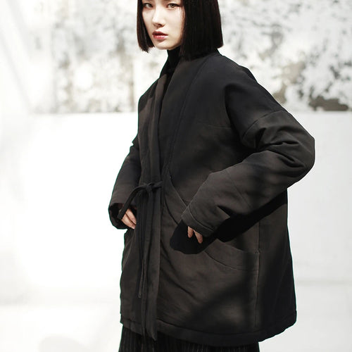 Load image into Gallery viewer, Women Bandage Cotton-padded Coat Big Size Warm New Autumn Winter V-collar Long Sleeve Black Loose Brief Fashion 2025 JK133
