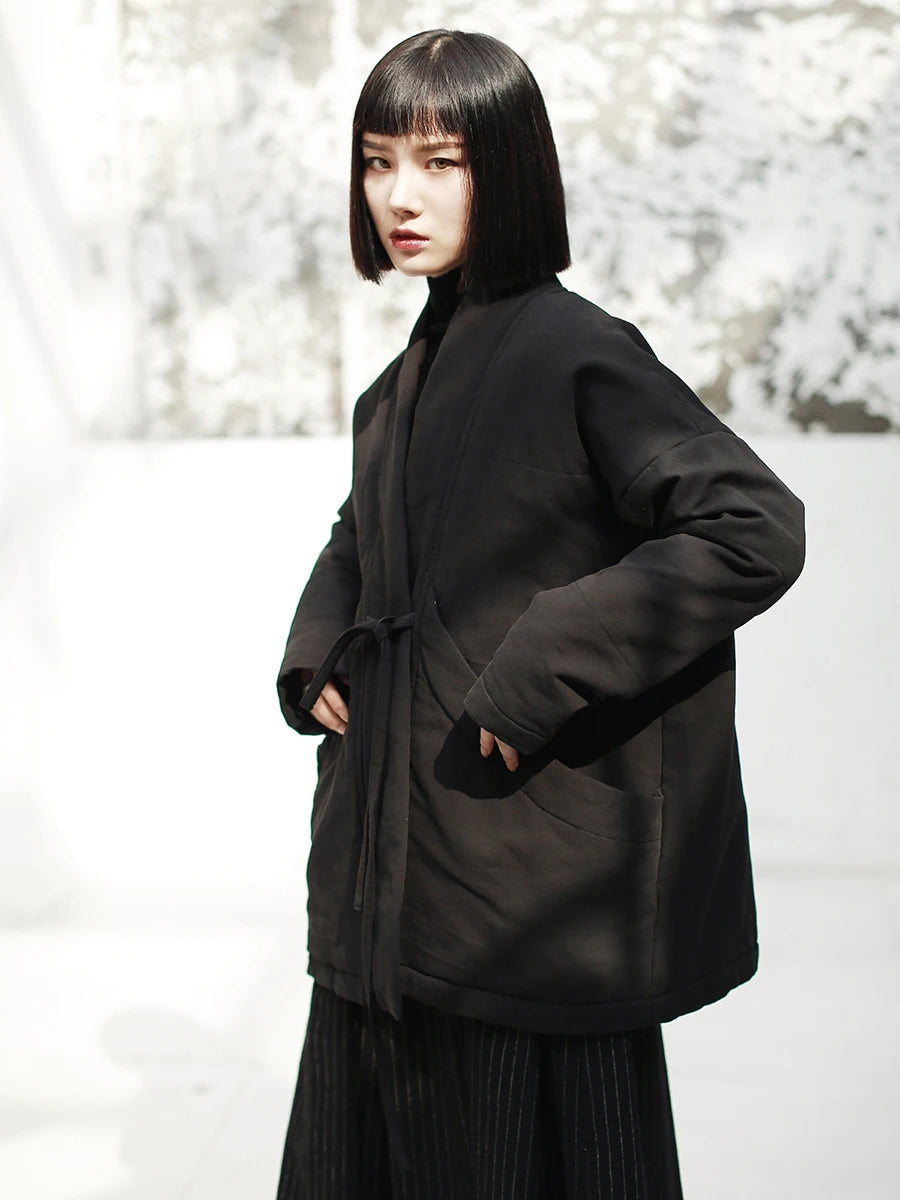Women Bandage Cotton-padded Coat Big Size Warm New Autumn Winter V-collar Long Sleeve Black Loose Brief Fashion 2025 JK133