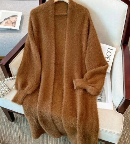 Korean Fashion Brown Imitation Mink Sweater Cardigan Coat Women Autumn Beige Loose Soft Top White Long Knitted Jacket New Simple