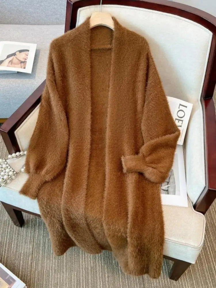 Korean Fashion Brown Imitation Mink Sweater Cardigan Coat Women Autumn Beige Loose Soft Top White Long Knitted Jacket New Simple