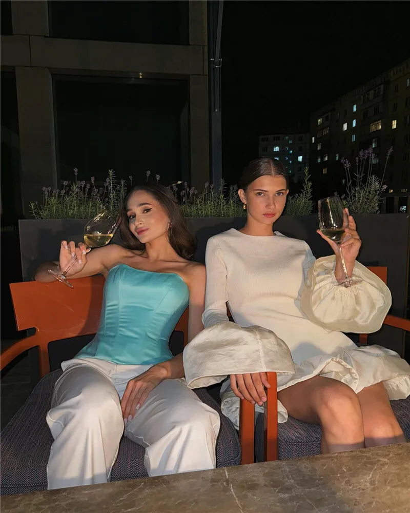 Long Flare Sleeve Knitted Sexy Mini Dress For Women Autumn Winter New Patchwork O Neck A-line Knit Puffy Dress Elegant