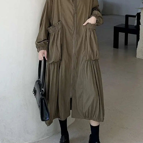Load image into Gallery viewer, Women Khaki Pleated Big Size Casual Midi Dress New Stand Collar Long Sleeve Fashion Tide Spring Autumn 2025 1DH6824
