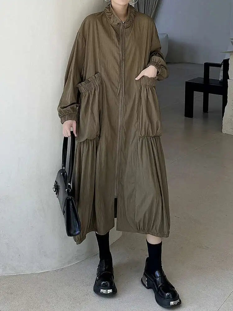 Women Khaki Pleated Big Size Casual Midi Dress New Stand Collar Long Sleeve Fashion Tide Spring Autumn 2025 1DH6824