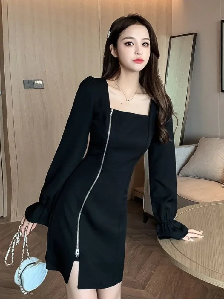 Autumn Korean Zip Oversized Black Long Sleeve Mini Dress Women Vintage Retro Square Collar Short Dresses