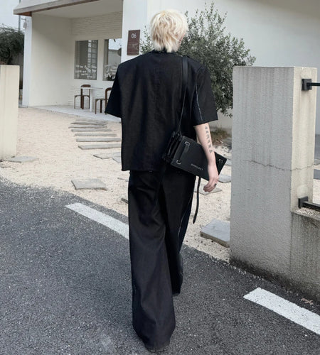 Men's Pants Set New Summer Fringed Zipper Short Sleeved Single Breasted Trendy Solid Color Denim Pants Menwear 9W1799