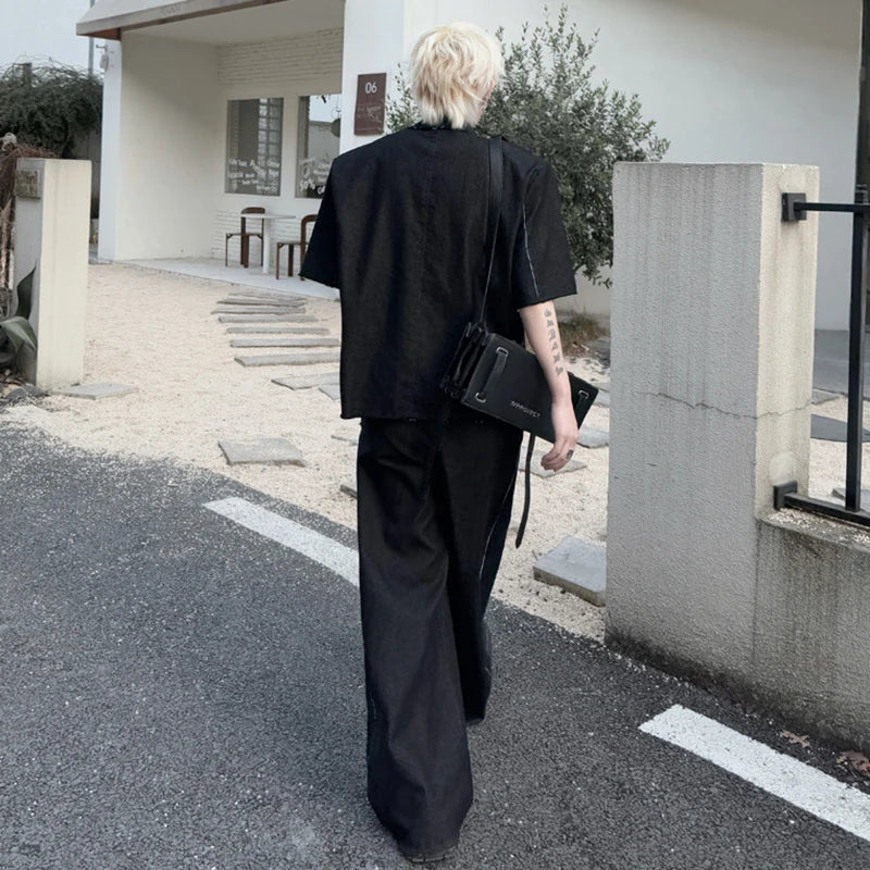 Men's Pants Set New Summer Fringed Zipper Short Sleeved Single Breasted Trendy Solid Color Denim Pants Menwear 9W1799