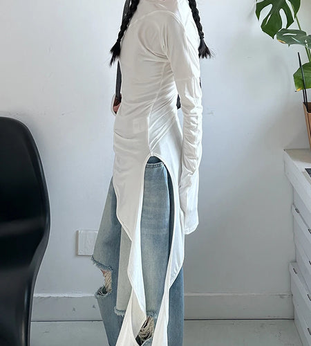 Women White Irregular Hem Elegant Long Slim T-shirt New Round Neck Long Sleeve Fashion Tide Spring Autumn 2025 1DJ0097