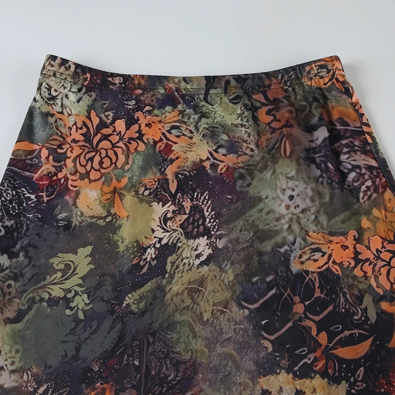 Vintage Floral Printed Asymmetric Hem Skirts Women Summer Low Waist Slimming Skirt 90s Fairy Mesh Pathced Outfits New