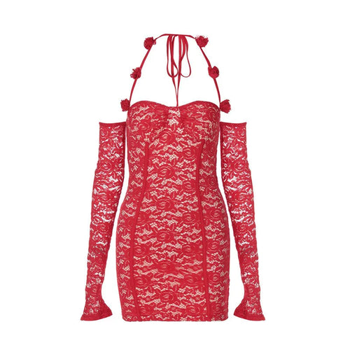 Load image into Gallery viewer, Red Lace Off-shoulder Sexy Mini Dress For Women Fashion Halter Strapless Long Sleeve Bodycon Club Party Sexy Dress
