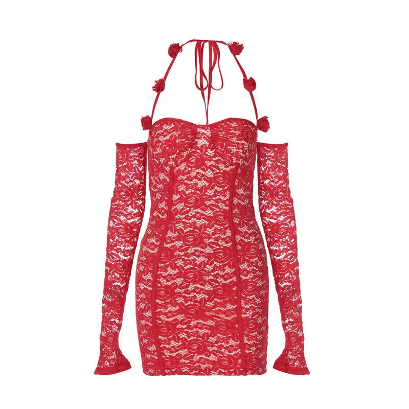 Red Lace Off-shoulder Sexy Mini Dress For Women Fashion Halter Strapless Long Sleeve Bodycon Club Party Sexy Dress