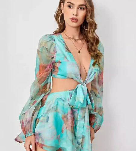 Sexy Deep V-print Long Sleeved Lace Up Women Playsuit Autumn Casual Lantern Sleeve Chiffon Elegant Holiday Party Beach