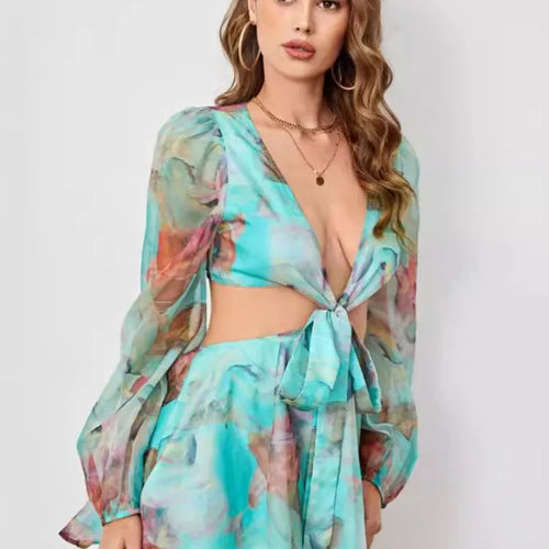 Load image into Gallery viewer, Sexy Deep V-print Long Sleeved Lace Up Women Playsuit Autumn Casual Lantern Sleeve Chiffon Elegant Holiday Party Beach
