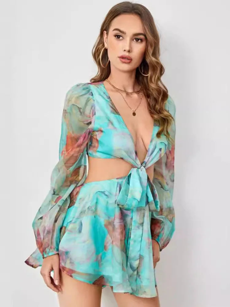 Sexy Deep V-print Long Sleeved Lace Up Women Playsuit Autumn Casual Lantern Sleeve Chiffon Elegant Holiday Party Beach