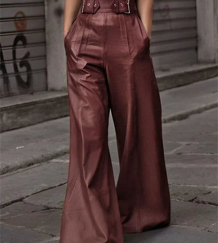Autumn Spring Women's Faux Pu Long Pants High Waisted Loose Pleated Pockets Streetwear Female Wide Leg Trousers