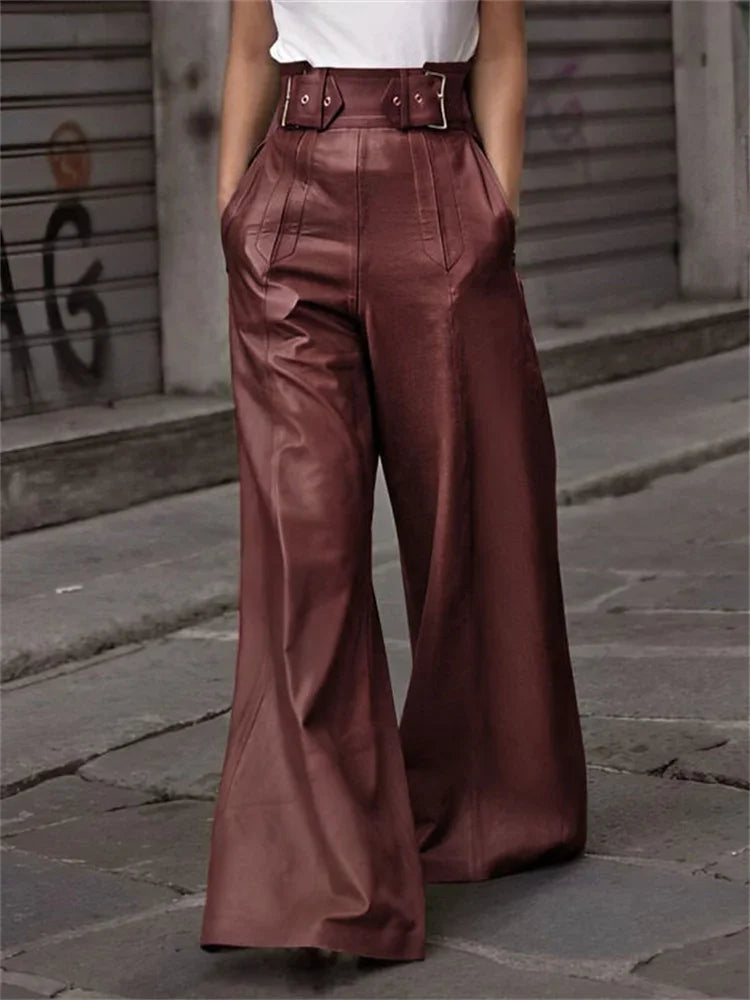 Autumn Spring Women's Faux Pu Long Pants High Waisted Loose Pleated Pockets Streetwear Female Wide Leg Trousers