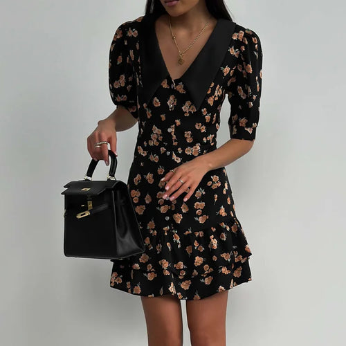 Load image into Gallery viewer, Short Sleeve Floral Mini Dress For Women Robe Turn-down Collar Elegant French Dress Ladies Fashion High Waist Dresses
