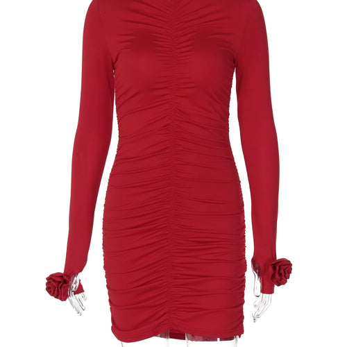 Load image into Gallery viewer, Solid Turtleneck Long Sleeve Ruched Tie Flowers Pleated Sexy Mini Dress Autumn Women Elegant Y2K Outfit Birthday Party
