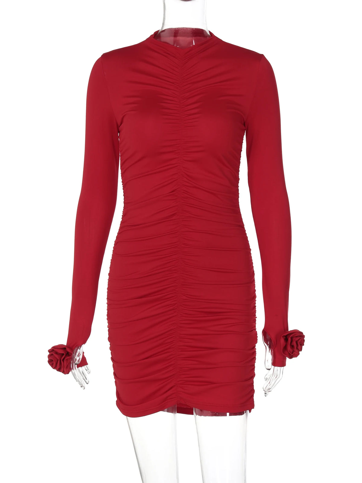 Solid Turtleneck Long Sleeve Ruched Tie Flowers Pleated Sexy Mini Dress Autumn Women Elegant Y2K Outfit Birthday Party