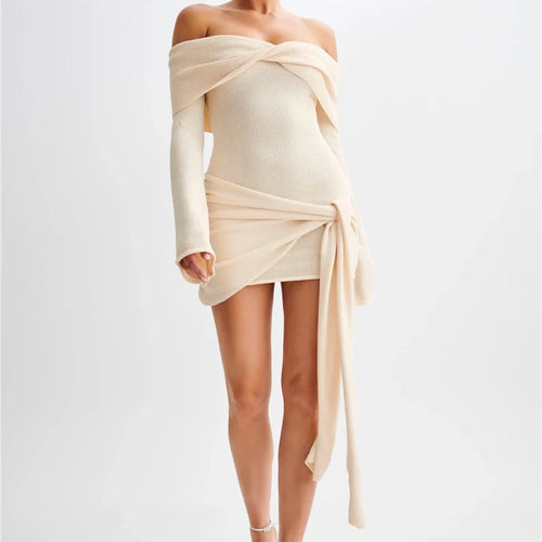 Load image into Gallery viewer, Off-shoulder Knit Mini Dress For Women Autumn Winter New Strapless Backless Long Sleeve Ruched Draped Knitted Dress
