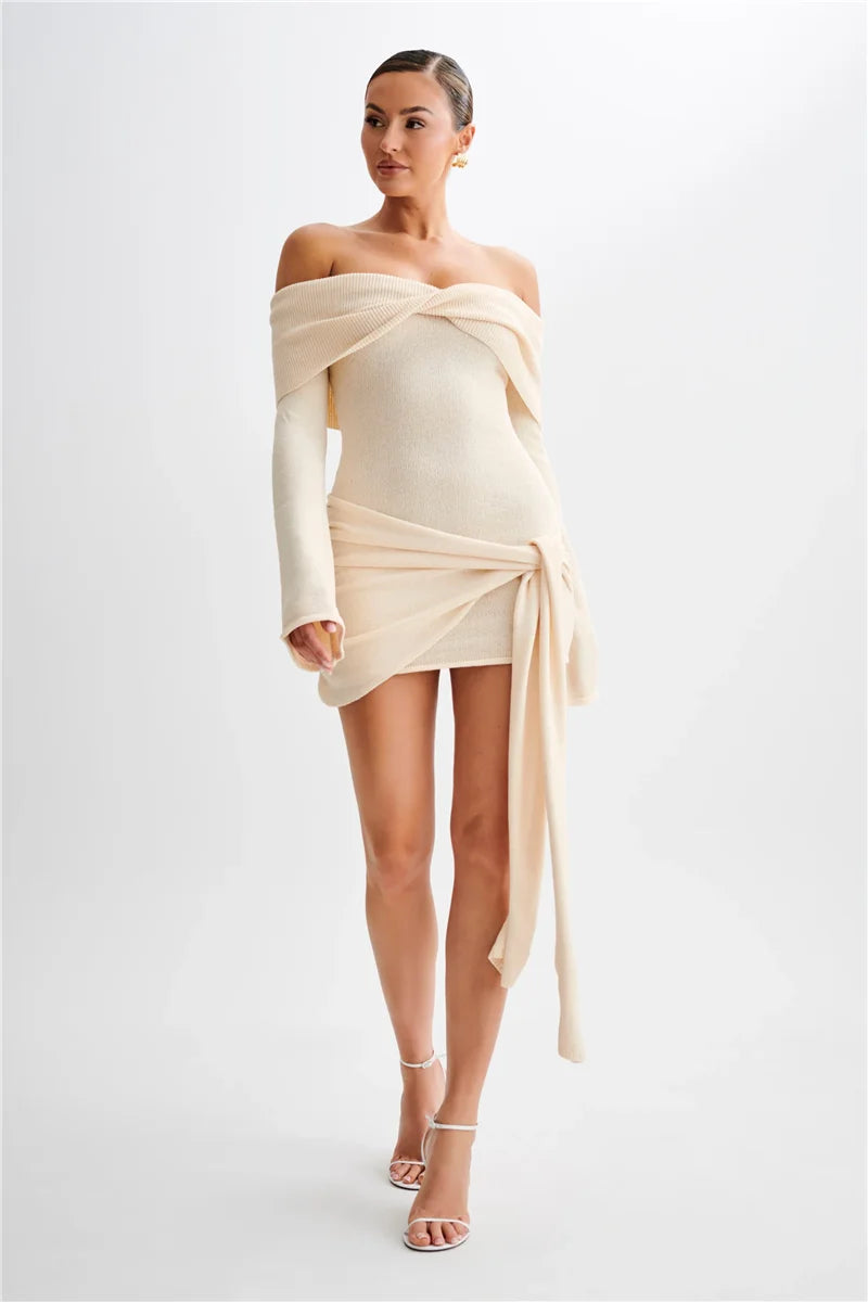Off-shoulder Knit Mini Dress For Women Autumn Winter New Strapless Backless Long Sleeve Ruched Draped Knitted Dress