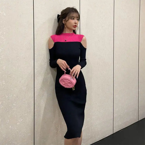 Load image into Gallery viewer, French Women Elegant Patchwork Off Shoulder Split Knit Dress Autumn Office Long Sleeve Slim Ladies Fashion Wrap Hip Dresses Chic
