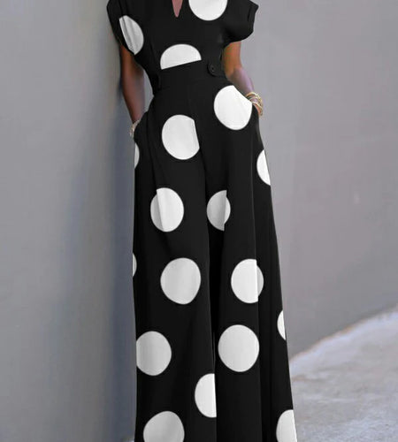 Summer Autumn Women's Retro Polka-dot Romper Short Sleeves One Pieces Wide Leg Long Pants Elegant Jumpsuits for Women