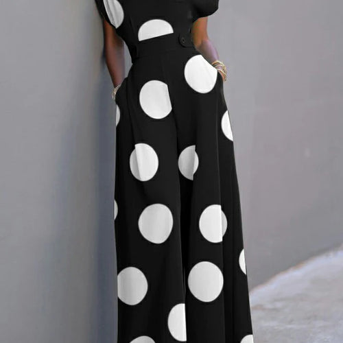 Load image into Gallery viewer, Summer Autumn Women&#39;s Retro Polka-dot Romper Short Sleeves One Pieces Wide Leg Long Pants Elegant Jumpsuits for Women
