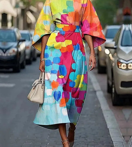 African Dresses for Woman Summer Short Sleeves Asymmetric Tied Waist Casual 1 Pieces Woman Midi Colorful Dress