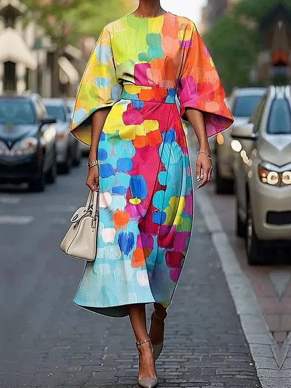 African Dresses for Woman Summer Short Sleeves Asymmetric Tied Waist Casual 1 Pieces Woman Midi Colorful Dress