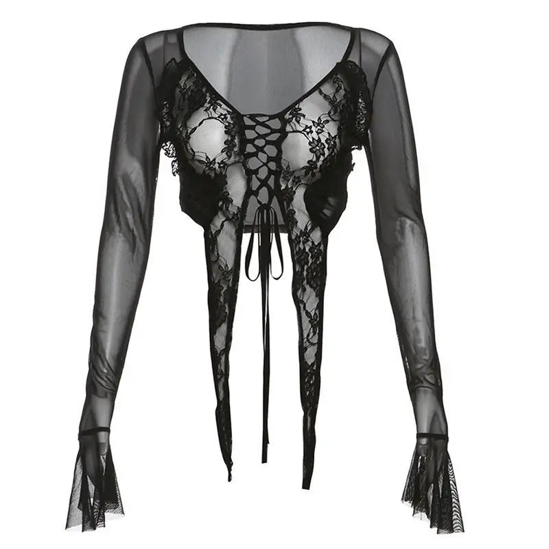 Y2k Tops Long Sleeve Gauze T Shirts Women Clothes Bandage Chic Irregular Tees Hollow Out Irregular Summer Tshirt Ropa Mujer 2025