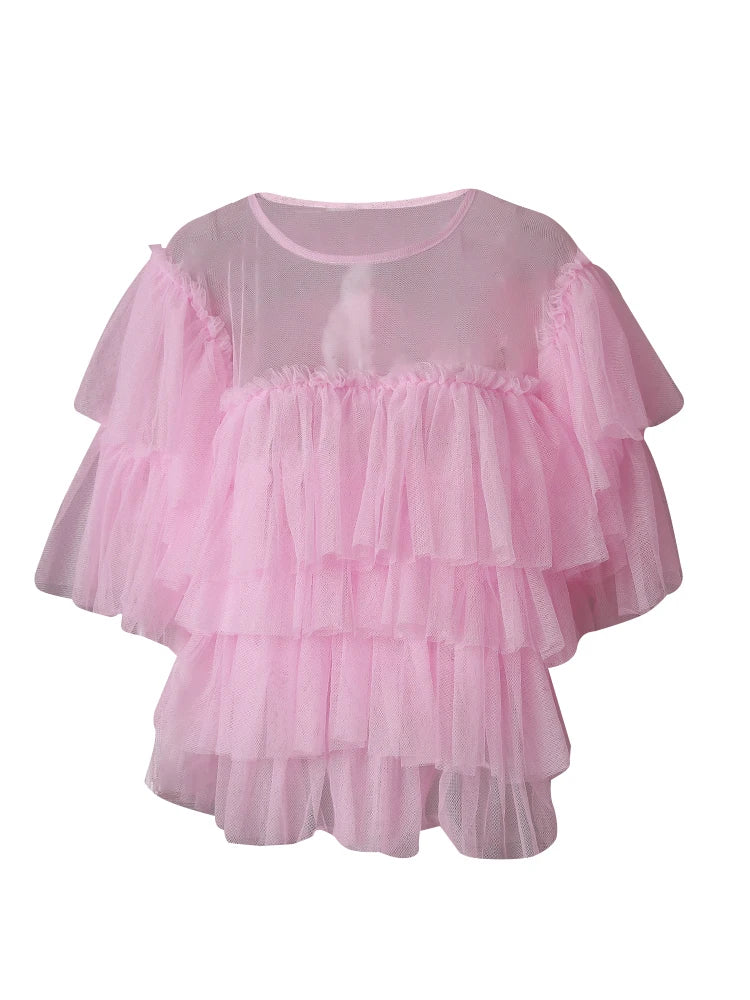 Mesh T-shirt Cake Half-body Skirt Two Pieces Suit New Round Neck Short Sleeve Women Fashion Spring Summer 2025 CPG3209