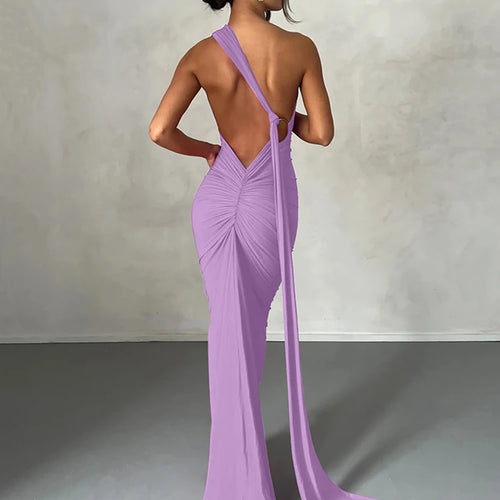 Load image into Gallery viewer, One Shoulder Backless Adjustable Scarf Loop Ruched Sexy Maxi Dress 2025 Women Elegant Y2K Streetwear Festival Outfit
