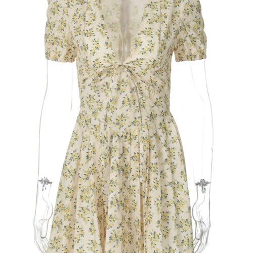 Load image into Gallery viewer, Deep V Neck Print Sexy Mini Dress For Women Fashion Lace-up Short Sleeve A-line Pleated Dress Elegant New Clothes
