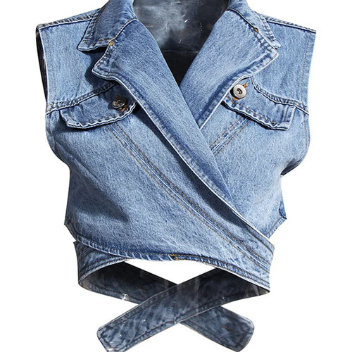 Load image into Gallery viewer, Women Blue Denim Irregular Blouse New Lapel Long Puff Sleeve Loose Fit Shirt Fashion Tide Spring Autumn 2025 1Z595
