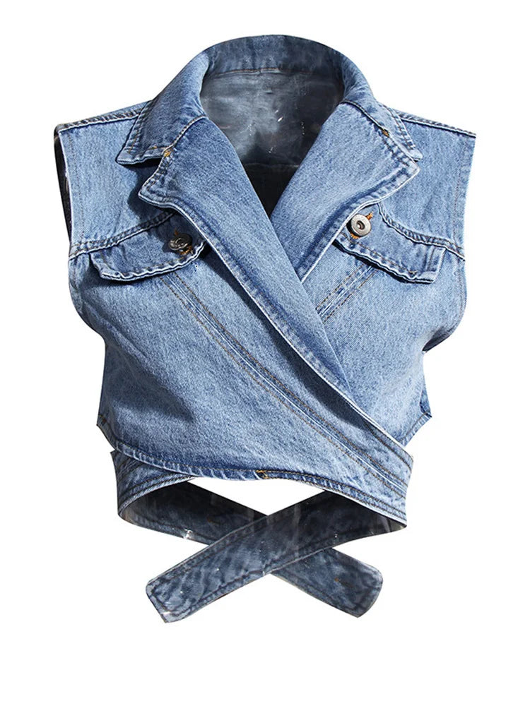 Women Blue Denim Irregular Blouse New Lapel Long Puff Sleeve Loose Fit Shirt Fashion Tide Spring Autumn 2025 1Z595