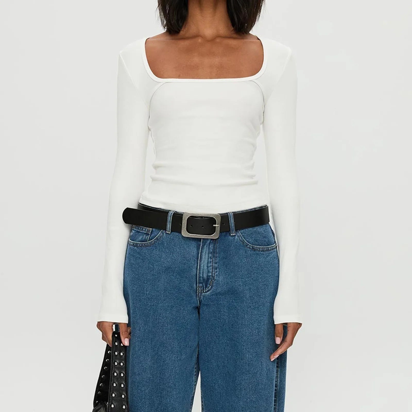 y2k Tops Women Sexy Clothing Solid Color Square Neck Long Sleeve Cropped T Shirts 2000s Party Clothes Club Streetwear