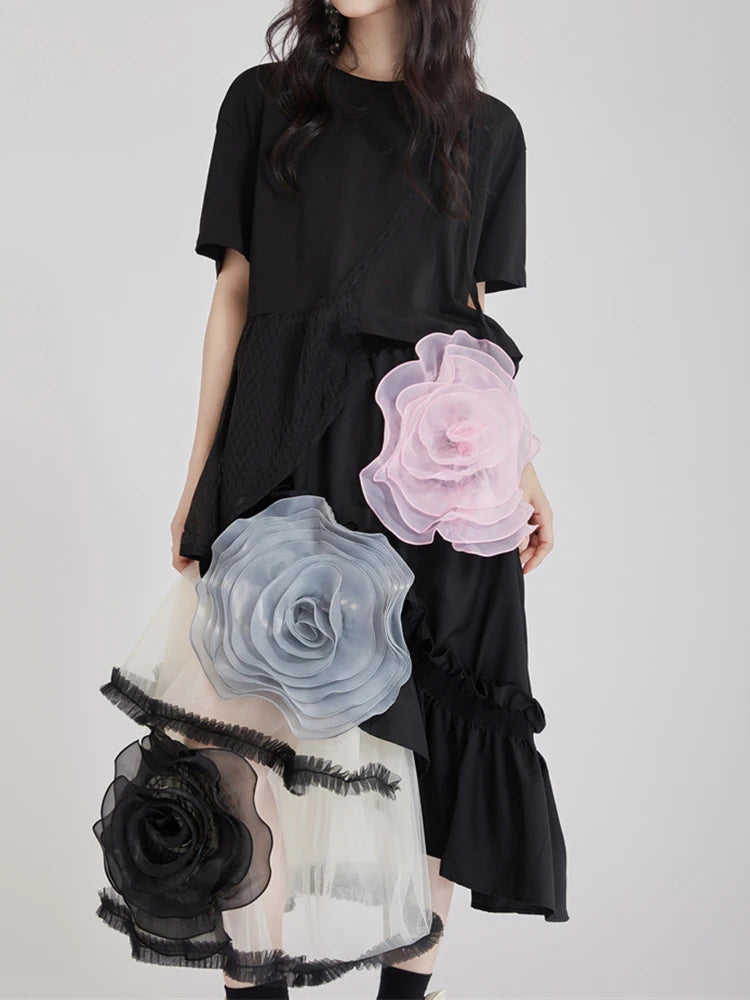 High Elastic Waist Black 3d Flower Irregular Mesh Half-body Skirt Women Fashion Tide New Spring Autumn 2025  1DJ1430