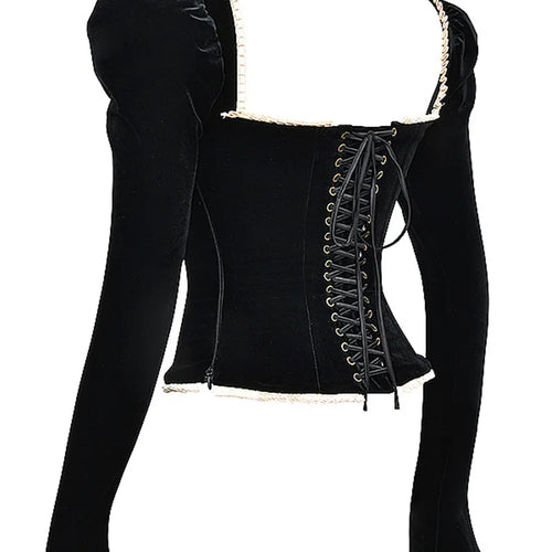 Load image into Gallery viewer, Square Collar Backless Bandage Sexy T-shirt Women Autumn Winter New Black Shoulder Pad Sleeve Skinny Sexy Party Tops
