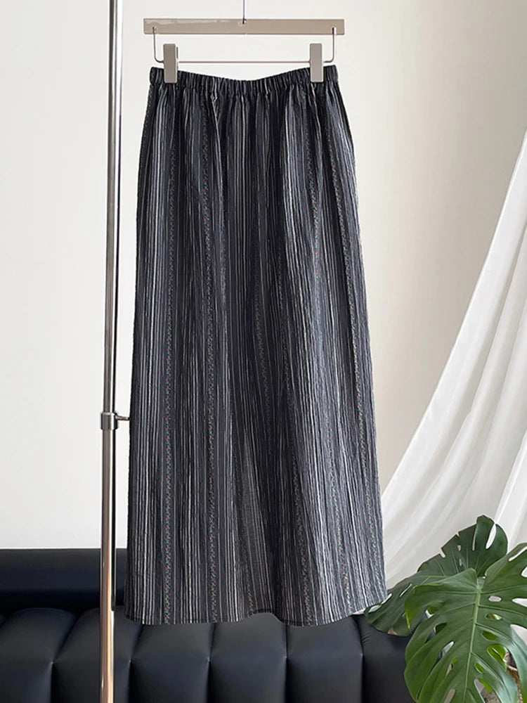 High Elastic Waist Black Striped Back Slit Elegant Half-body Skirt Women Fashion Tide New Spring Autumn 2025 1DJ1264