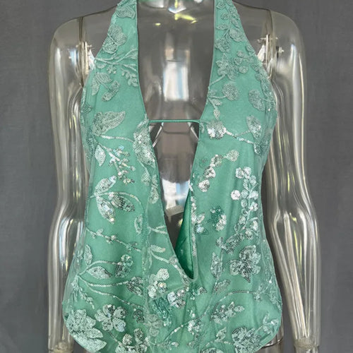 Load image into Gallery viewer, Glitter Deep V Neck Sexy Tank Tops Women Vest Pullovers Summer New Sparkle Backless Cropped Tops Elegant Beach Tops
