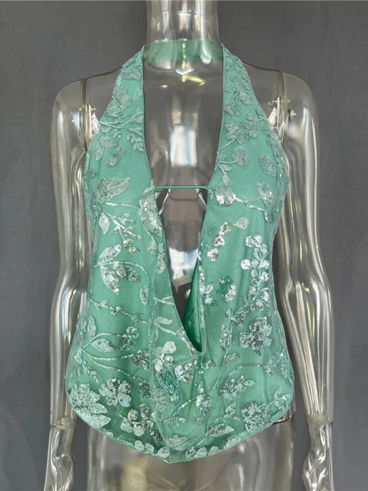 Glitter Deep V Neck Sexy Tank Tops Women Vest Pullovers Summer New Sparkle Backless Cropped Tops Elegant Beach Tops