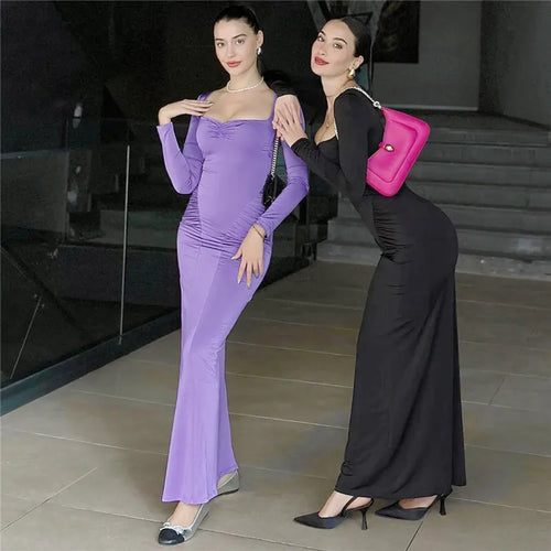 Load image into Gallery viewer, Square Collar Long Sleeve Sexy Long Dress For Women Gown Fashion Elegant Autumn Solid Bodycon Maxi Dress Clubwear

