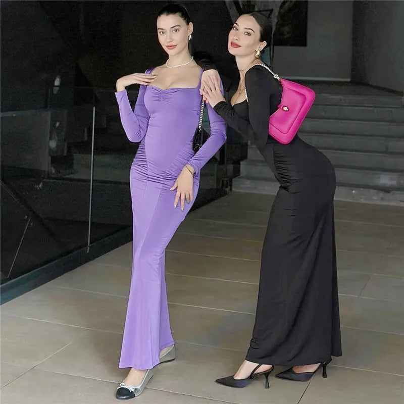 Square Collar Long Sleeve Sexy Long Dress For Women Gown Fashion Elegant Autumn Solid Bodycon Maxi Dress Clubwear
