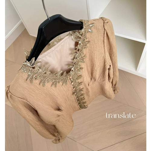 Load image into Gallery viewer, French New Ladies Slim Beige Patchwork Lace Single Breasted Short Blouse Tops Spring Brown Elegant V-neck Long Sleeve Shirt Chic
