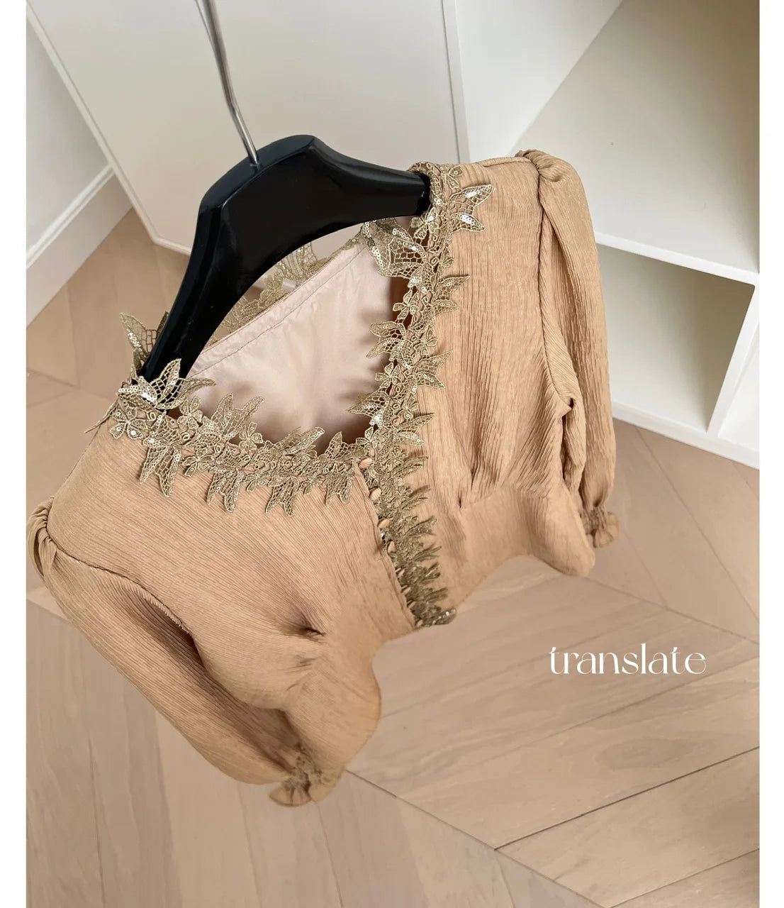 French New Ladies Slim Beige Patchwork Lace Single Breasted Short Blouse Tops Spring Brown Elegant V-neck Long Sleeve Shirt Chic