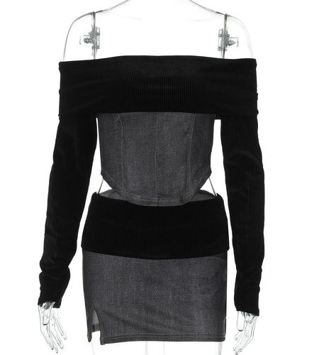 Elegant 2 Pcs Sets Slash Neck Long Sleeve Sexy Crop Top Slit Mini Skirt Autumn Women Y2K Clothes Streetwear Party