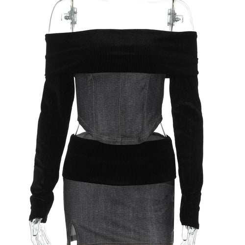 Load image into Gallery viewer, Elegant 2 Pcs Sets Slash Neck Long Sleeve Sexy Crop Top Slit Mini Skirt Autumn Women Y2K Clothes Streetwear Party
