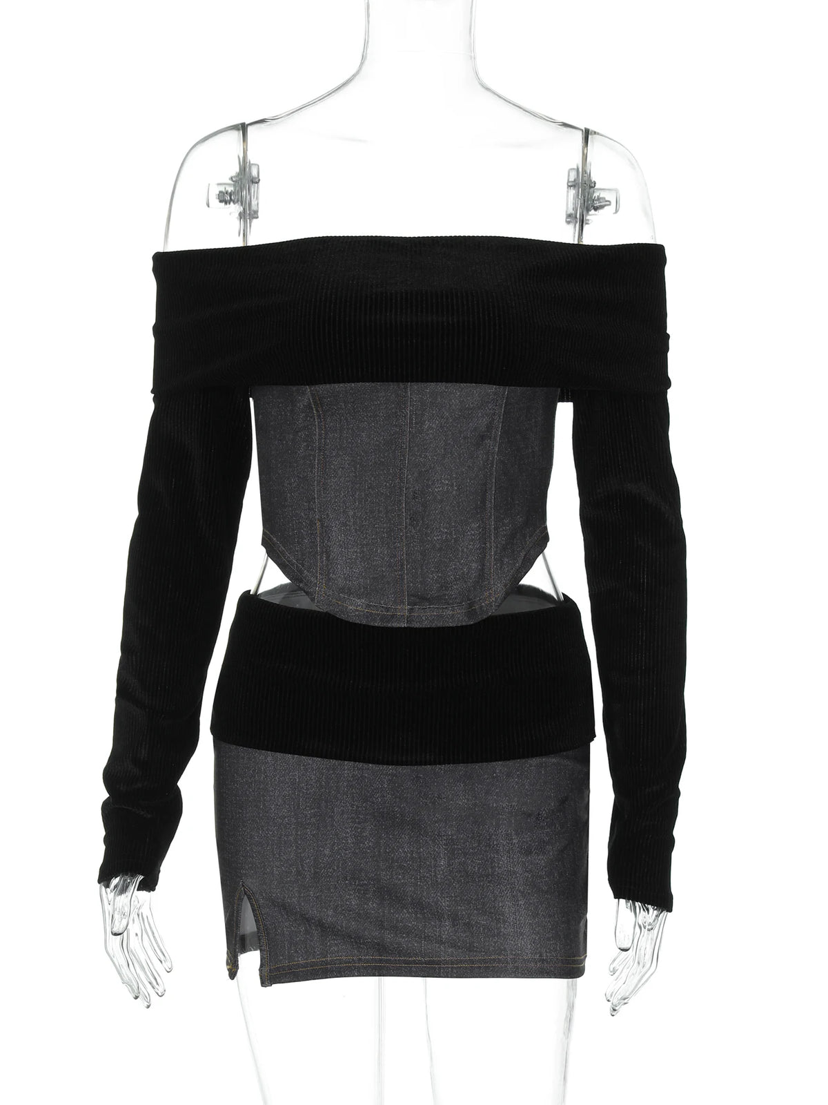 Elegant 2 Pcs Sets Slash Neck Long Sleeve Sexy Crop Top Slit Mini Skirt Autumn Women Y2K Clothes Streetwear Party